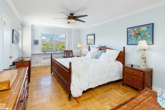 bedroom featuring ceiling fan, baseboards, radiator heating unit, ornamental molding, and a view of city