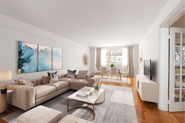 bedroom featuring light parquet floors, an AC wall unit, and a baseboard heating unit