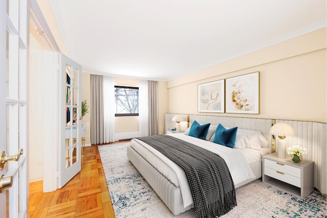 bedroom featuring light parquet floors and crown molding