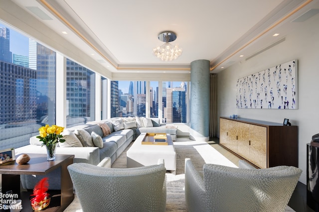 living room featuring an inviting chandelier