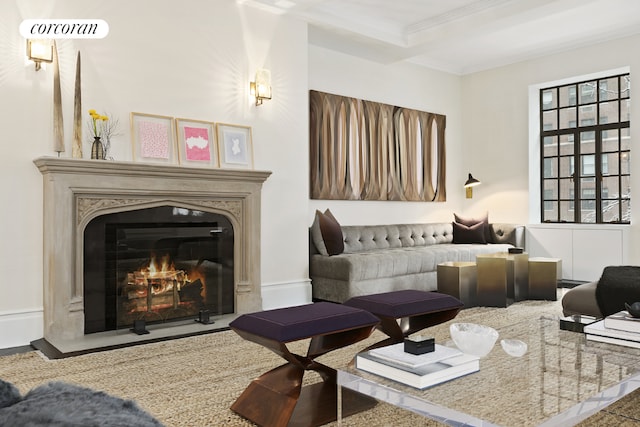 living room with crown molding