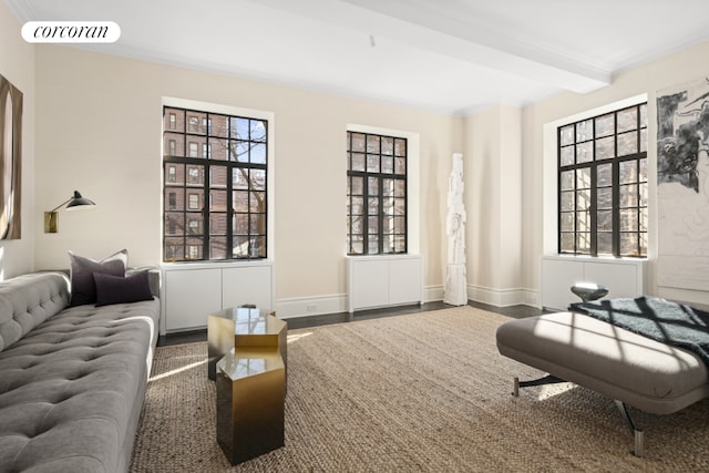 living area featuring beamed ceiling, ornamental molding, a healthy amount of sunlight, and dark wood-type flooring