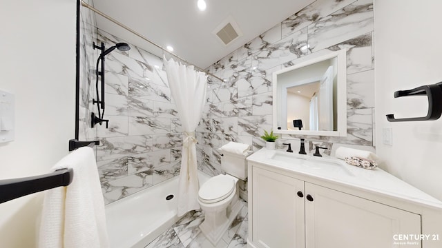 full bathroom with visible vents, marble finish floor, a stall shower, and toilet