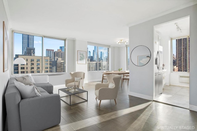 living room featuring track lighting, ornamental molding, and radiator heating unit