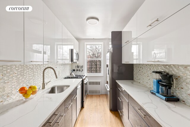 kitchen featuring modern cabinets, appliances with stainless steel finishes, a sink, and radiator