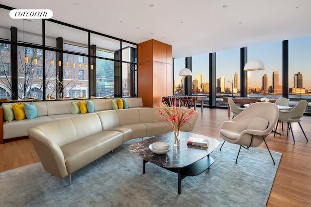 living room with a wall of windows, a view of city, and light wood finished floors