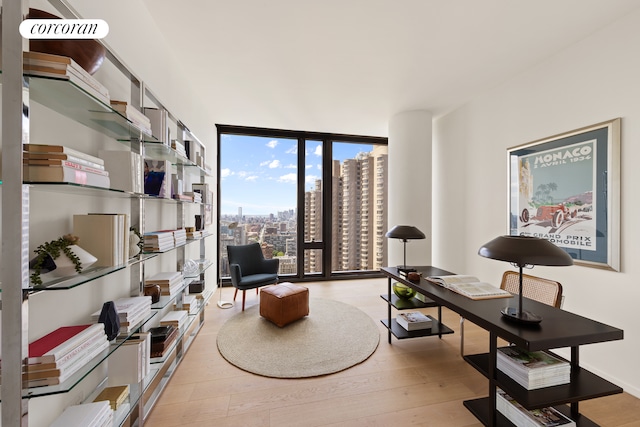 office featuring a view of city, light wood-style floors, and floor to ceiling windows