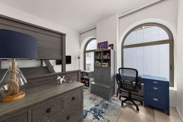 home office with light wood-style floors