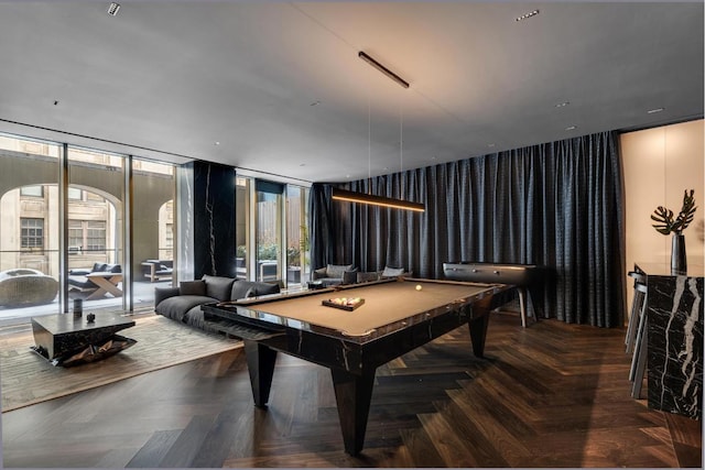 recreation room with parquet flooring, floor to ceiling windows, and billiards