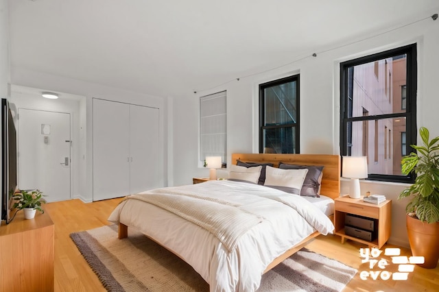 bedroom with light wood finished floors and a closet