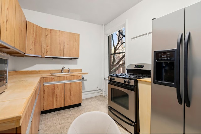 83-10 35th Ave Unit 2V, New York City, NY 11372 - kitchen with stainless steel appliances, light tile patterned floors, and a baseboard heating unit