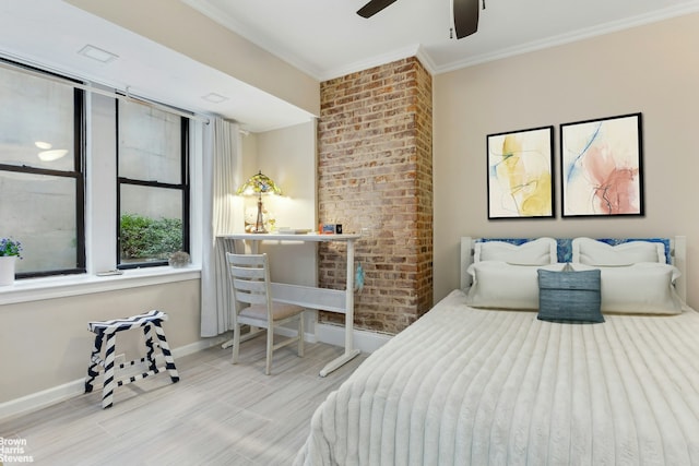 bedroom with wood finished floors, a ceiling fan, baseboards, and ornamental molding