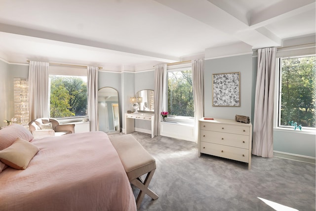 carpeted bedroom featuring arched walkways, beamed ceiling, and baseboards