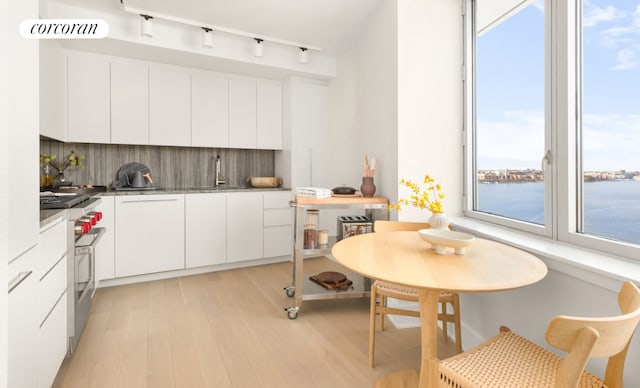 kitchen featuring white cabinetry, a water view, sink, and backsplash