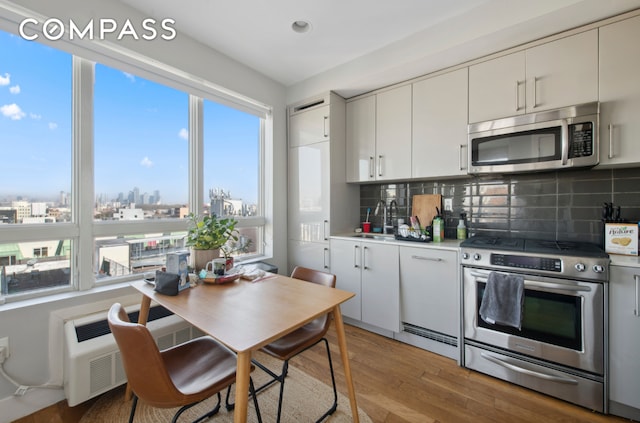 kitchen featuring light wood-style flooring, radiator heating unit, a sink, stainless steel appliances, and a view of city