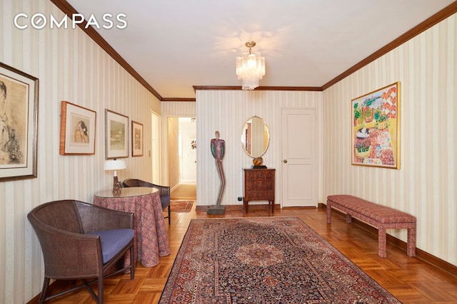 living area with parquet floors, crown molding, and a notable chandelier