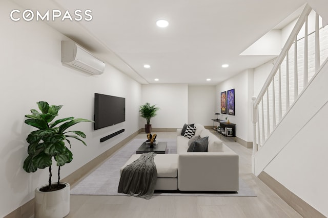 living area featuring recessed lighting, a wall unit AC, stairway, and baseboards