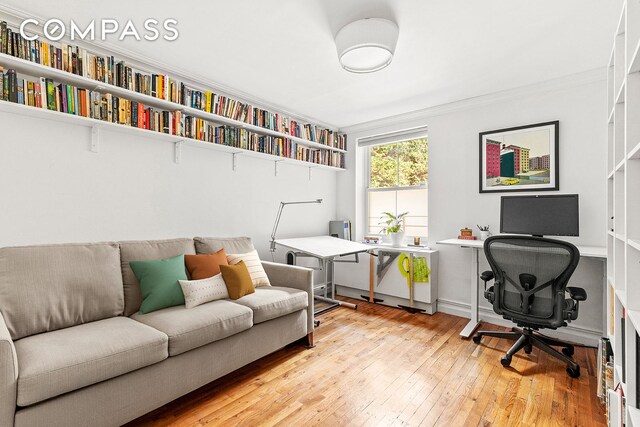 office featuring crown molding and light wood-type flooring