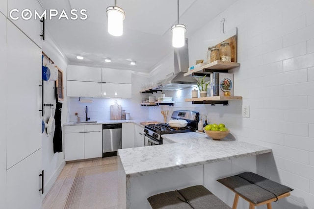 kitchen with sink, white cabinetry, decorative light fixtures, ventilation hood, and stainless steel appliances