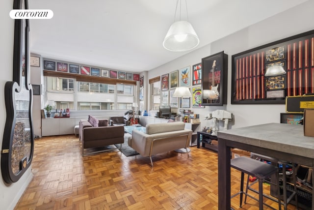 interior space with light parquet flooring