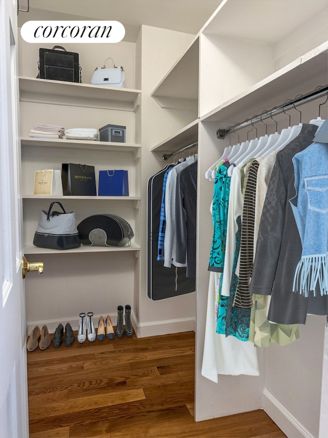 walk in closet with wood finished floors