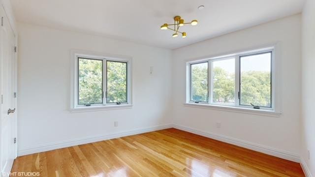 unfurnished room featuring light wood-style floors, a wealth of natural light, and baseboards