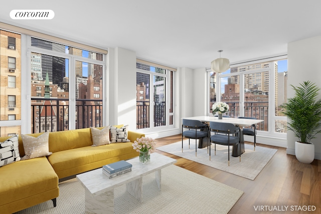 living area featuring a city view and wood finished floors