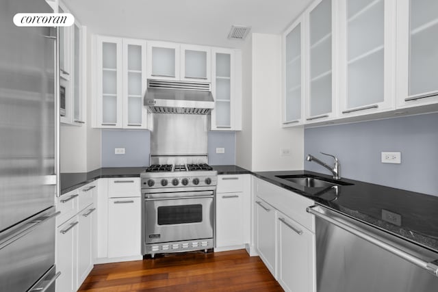 kitchen featuring high end appliances, sink, exhaust hood, and white cabinets