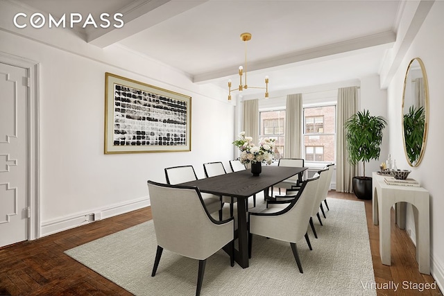dining area featuring baseboards, beam ceiling, a notable chandelier, and crown molding
