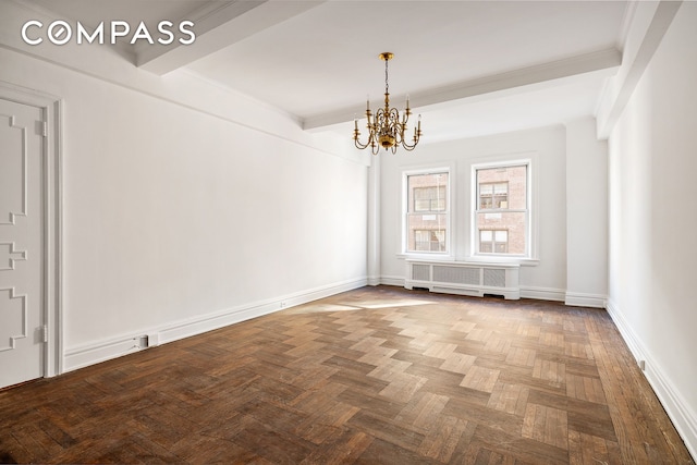 unfurnished dining area with radiator, baseboards, beamed ceiling, and an inviting chandelier