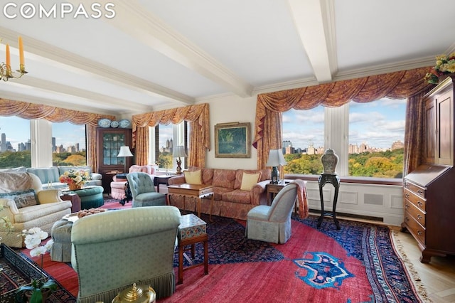 living room featuring beamed ceiling, ornamental molding, and wood-type flooring