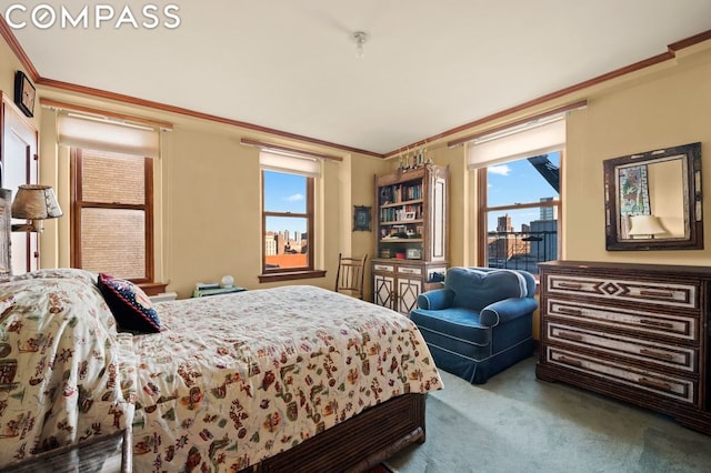 bedroom featuring crown molding and carpet flooring