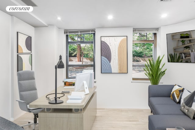 home office featuring floor to ceiling windows and light wood-type flooring