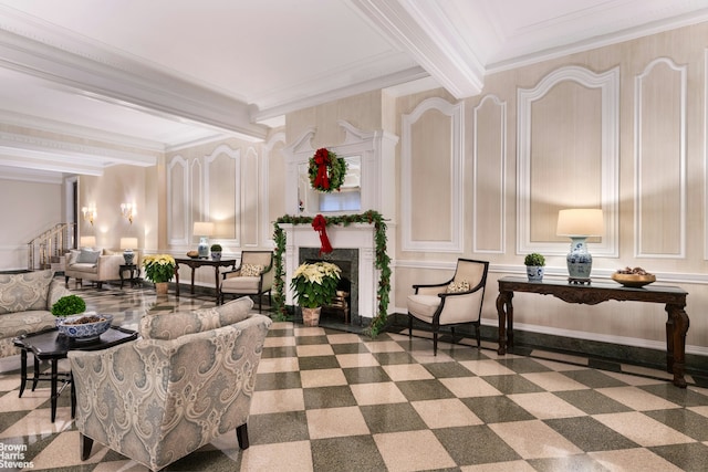 1070 Park Ave Unit 5D, New York City, NY 10128 - lobby with a decorative wall, beamed ceiling, ornamental molding, and stairway
