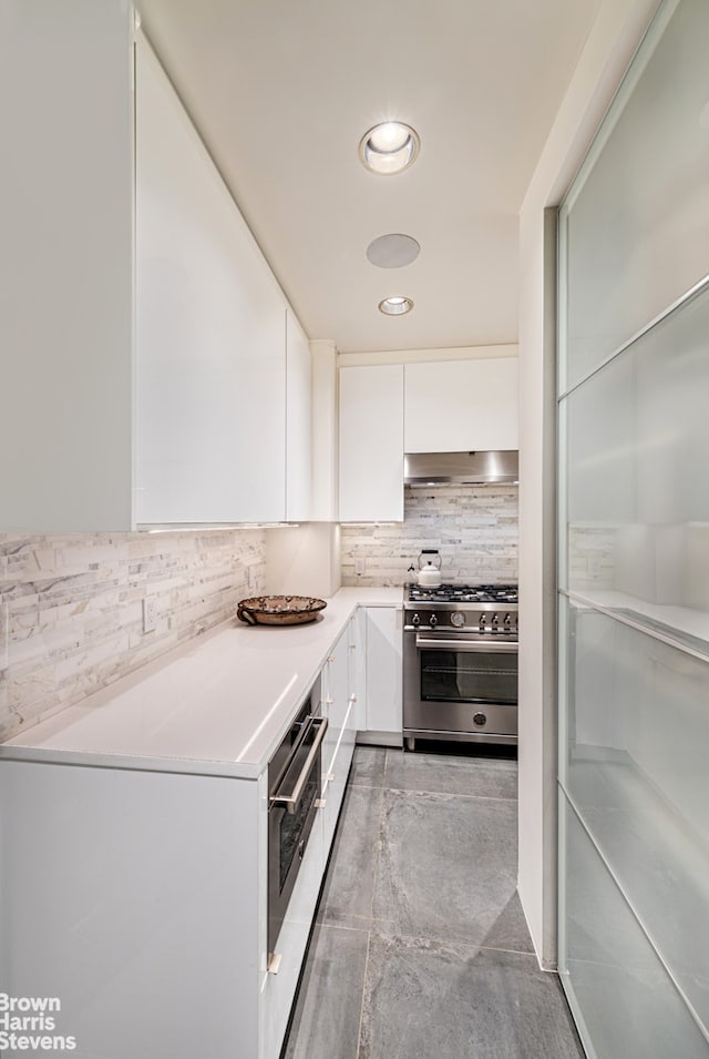 kitchen featuring under cabinet range hood, stainless steel appliances, white cabinets, tasteful backsplash, and modern cabinets