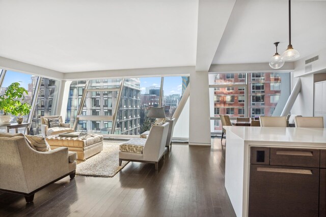 living room with dark hardwood / wood-style floors and beamed ceiling