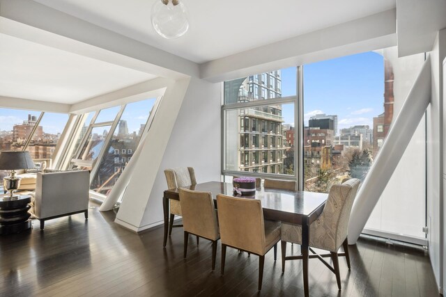 515 W 23rd St Unit 6Flr, New York City, NY 10011 - dining space with a healthy amount of sunlight, a view of city, baseboards, and dark wood finished floors