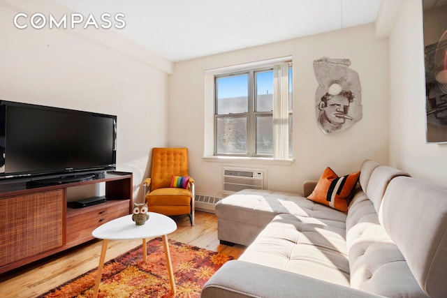 living room featuring a wall mounted air conditioner and wood finished floors