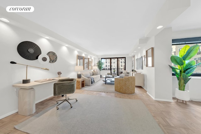 10 W 66th St Unit 12B, New York City, NY 10023 - living room with an office area and recessed lighting