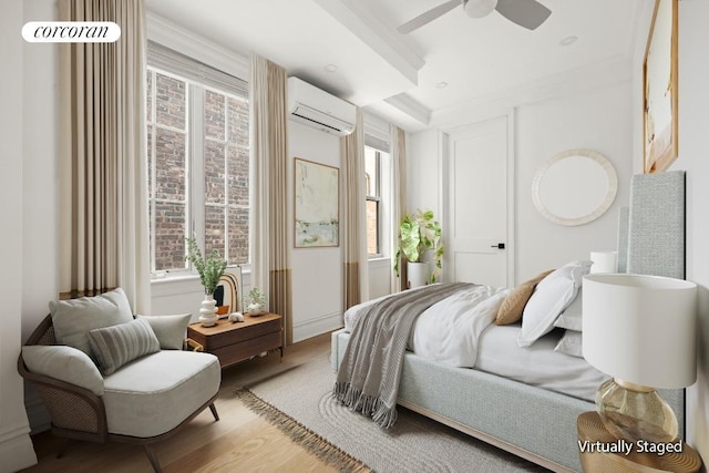 1542 E 22nd St, New York City, NY 11210 - bedroom with a wall mounted AC, wood finished floors, and a ceiling fan