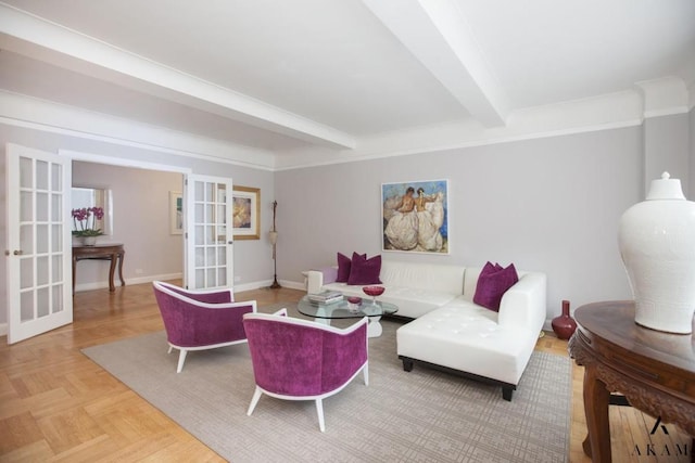 living room featuring french doors, ornamental molding, light parquet flooring, and beam ceiling