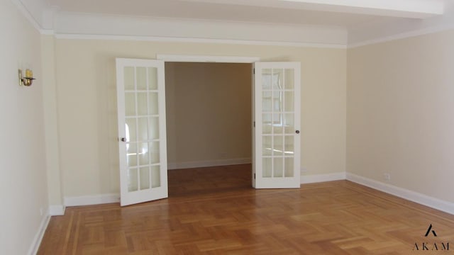 unfurnished room featuring parquet floors, crown molding, french doors, and beamed ceiling