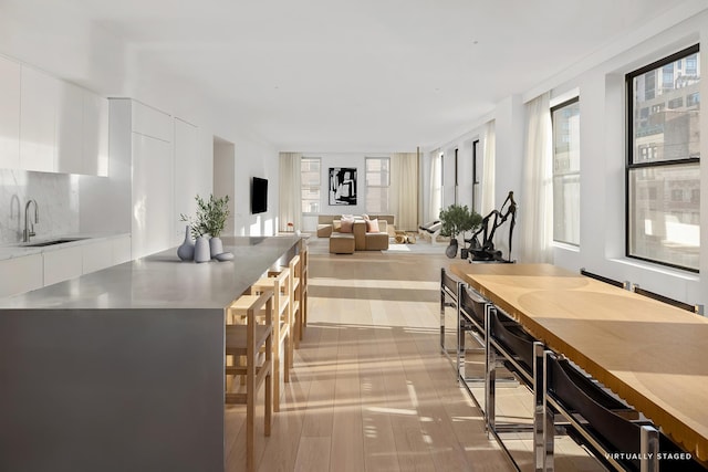 interior space with modern cabinets, wood finished floors, a sink, white cabinetry, and backsplash