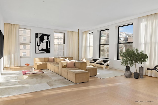 living room with parquet flooring