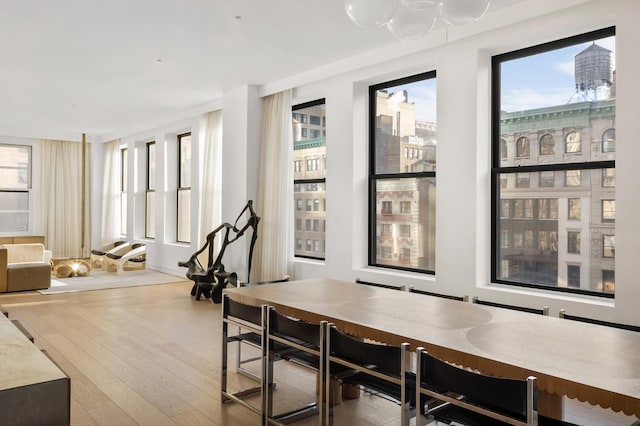 dining room featuring a city view and light wood-style flooring