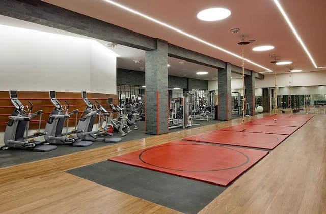 workout area featuring hardwood / wood-style floors