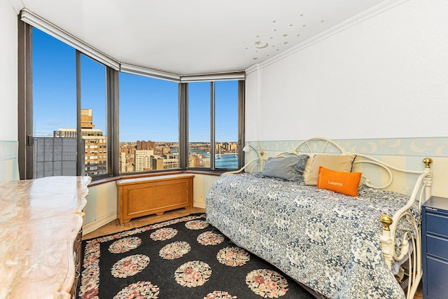 bedroom featuring crown molding, a view of city, and baseboards