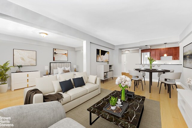 living area featuring baseboards and light wood finished floors