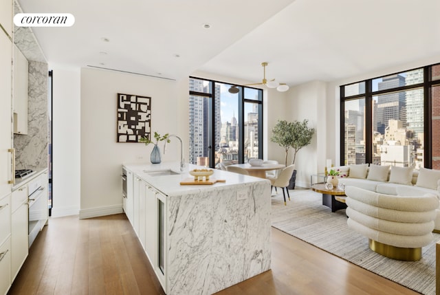 kitchen featuring expansive windows, wood-type flooring, sink, and white cabinets