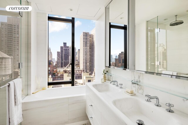 bathroom featuring vanity and separate shower and tub